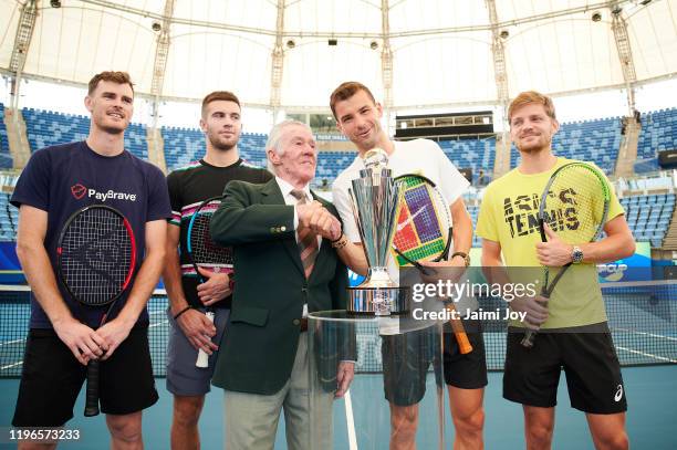 Jamie Murray, Borna Coric, Ken Rosewall, Grigor Dimitrov and David Goffin pose during a media opportunity at Ken Rosewall Arena on December 30, 2019...