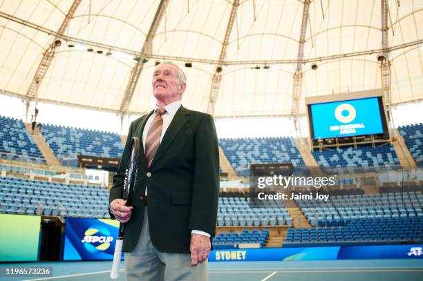 Ken Rosewall looks up to the new roof structure during a media opportunity at Ken Rosewall Arena on December 30, 2019 in Sydney, Australia.