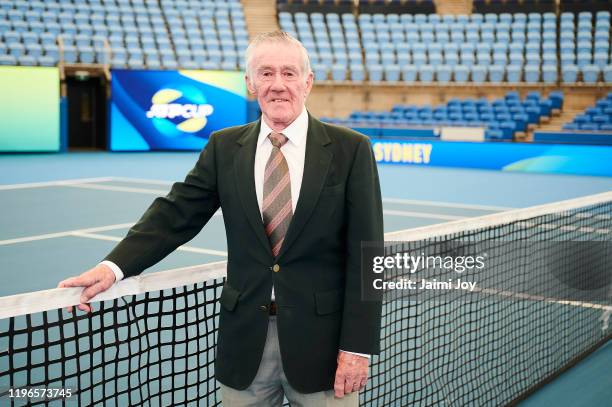 Ken Rosewall stands under the new all-weather canopy roof structure during a media opportunity at Ken Rosewall Arena on December 30, 2019 in Sydney,...