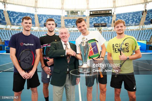 Jamie Murray, Borna Coric, Ken Rosewall, Grigor Dimitrov and David Goffin pose during a media opportunity at Ken Rosewall Arena on December 30, 2019...