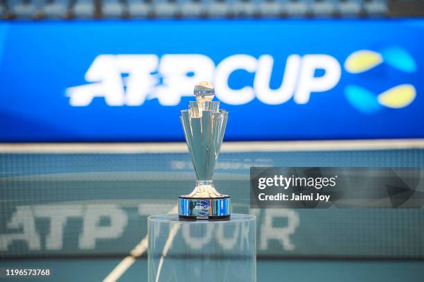 The ATP Cup trophy during a media opportunity at Ken Rosewall Arena on December 30, 2019 in Sydney, Australia.