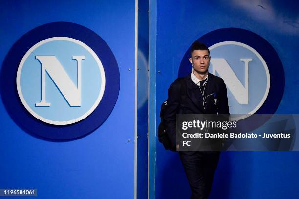 Cristiano Ronaldo of Juventus arrives at the stadium before the Serie A match between SSC Napoli and Juventus at Stadio San Paolo on January 26, 2020...