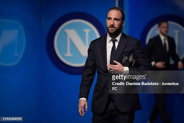 Gonzalo Higuain of Juventus arrives at the stadium before the Serie A match between SSC Napoli and Juventus at Stadio San Paolo on January 26, 2020...