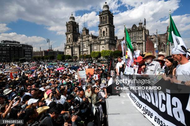 Mexican poet and activist Javier Sicilia speaks during a gathering after a march for peace at Zocalo square in Mexico City, on January 26, 2020. -...