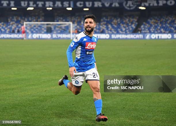 Lorenzo Insigne of Napoli celebrates after scoring the first goal during the Serie A match between SSC Napoli and Juventus at Stadio San Paolo on...