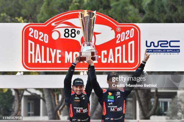 Thierry Neuville of Belgium and Nicolas Gilsoul of Belgium are celebrating their victory in the final podium in Monaco during Day Three of the FIA...