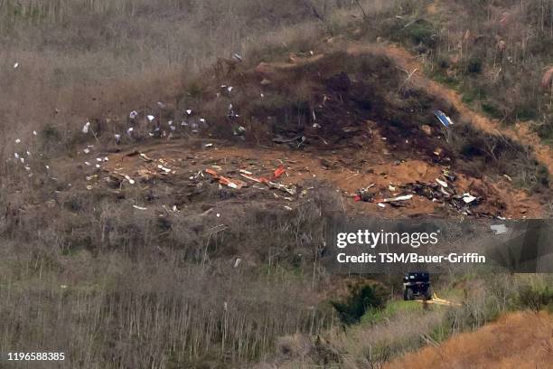 The site of a helicopter crash that claimed the lives of former NBA great Kobe Bryant and his daughter Gianna Bryant is shown January 26, 2020 in...