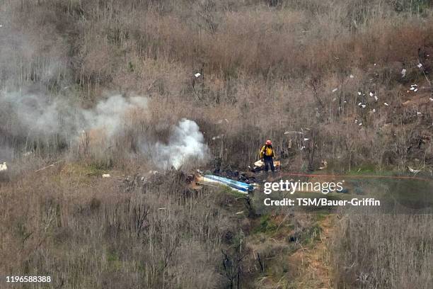 The site of a helicopter crash that claimed the lives of former NBA great Kobe Bryant and his daughter Gianna Bryant is shown January 26, 2020 in...