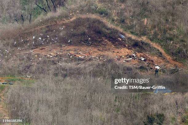 The site of a helicopter crash that claimed the lives of former NBA great Kobe Bryant and his daughter Gianna Bryant is shown January 26, 2020 in...