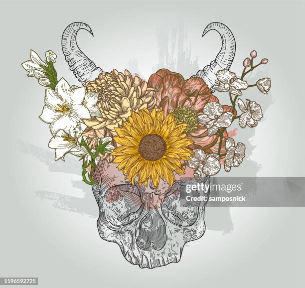 gehörnte floral krone schädel fantasy linie kunst - blumenkrone stock-grafiken, -clipart, -cartoons und -symbole