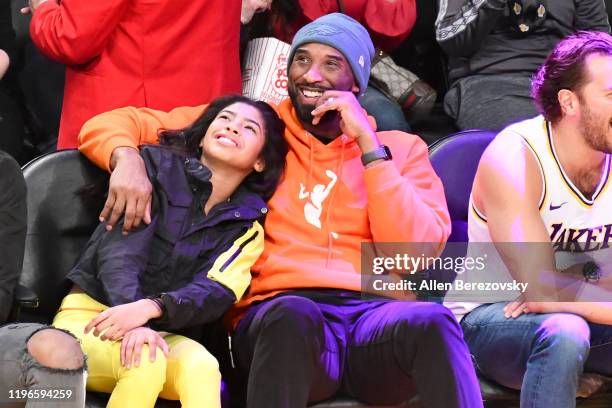 Kobe Bryant and daughter Gianna Bryant attend a basketball game between the Los Angeles Lakers and the Dallas Mavericks at Staples Center on December...