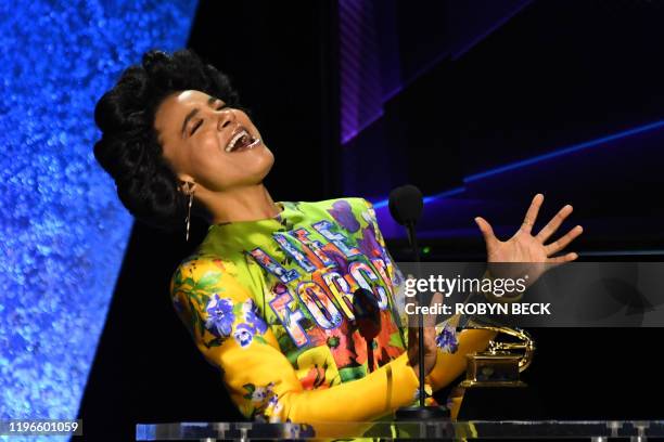 Singer Esperanza Spalding accepts the award for Best Jazz Vocal Album for "12 Little Spells" during the 62nd Annual Grammy Awards pre-telecast show...