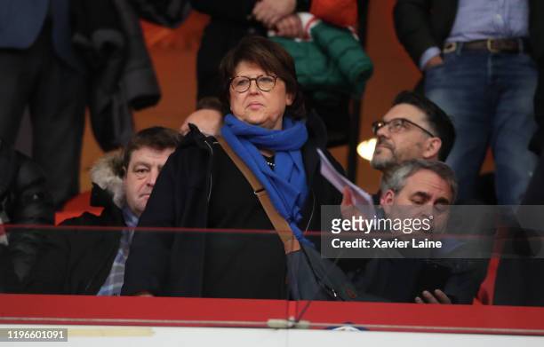 French politician Martine Aubry attends the Ligue 1 match between Lille LOSC and Paris Saint-Germain at Stade Pierre Mauroy on January 26, 2020 in...
