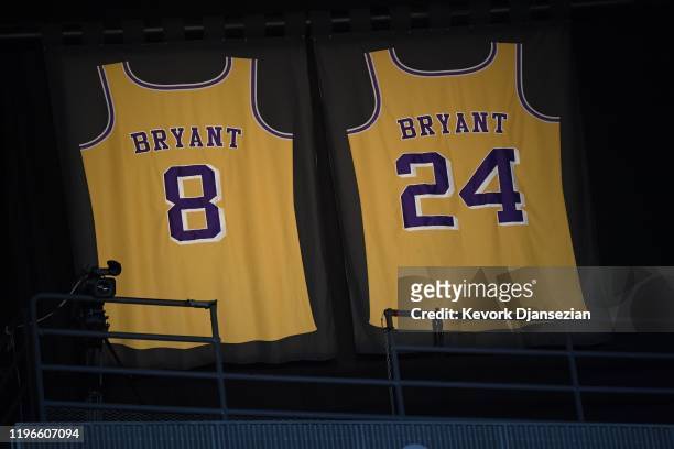 Lights illuminate the jerseys in tribute of former Los Angeles Laker shooting guard, NBA star, Kobe Bryant during the 62nd Annual Grammy Awards on...