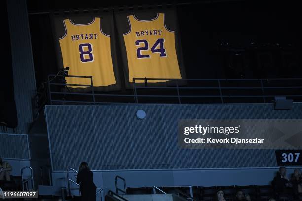 Lights illuminate the jerseys in tribute of former Los Angeles Laker shooting guard, NBA star, Kobe Bryant during the 62nd Annual Grammy Awards on...