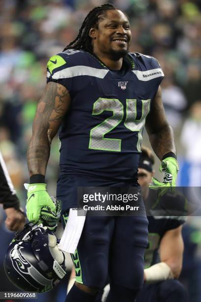 Marshawn Lynch of the Seattle Seahawks reacts in the fourth quarter against the San Francisco 49ers during their game at CenturyLink Field on...