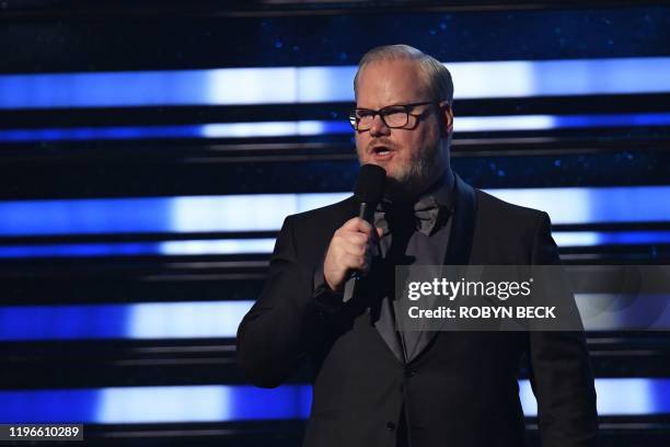 Stand-up comedian Jim Gaffigan speaks during the 62nd Annual Grammy Awards on January 26 in Los Angeles.