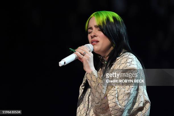 Singer-songwriter Billie Eilish performs during the 62nd Annual Grammy Awards on January 26 in Los Angeles.