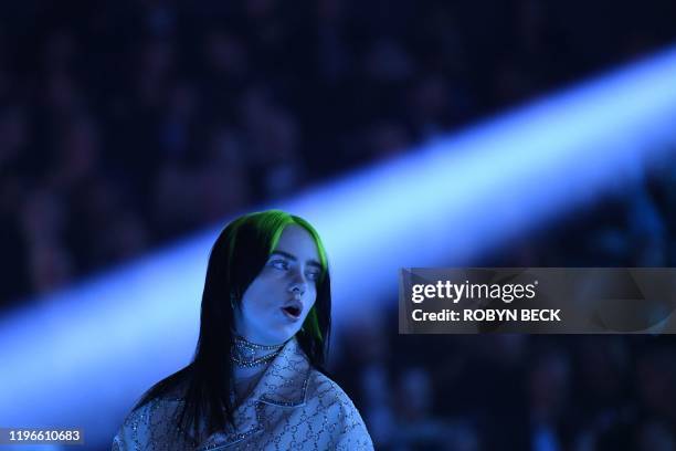 Singer-songwriter Billie Eilish performs during the 62nd Annual Grammy Awards on January 26 in Los Angeles.