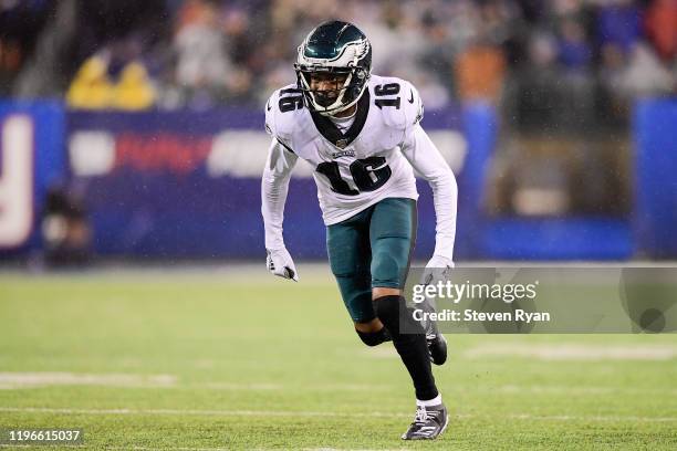 Deontay Burnett of the Philadelphia Eagles runs a route against the New York Giants at MetLife Stadium on December 29, 2019 in East Rutherford, New...