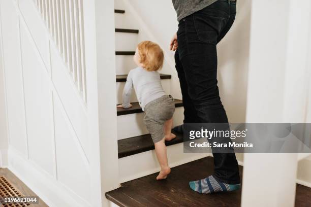 father following son crawling up stairway in house - carly simon signs copies of boys in the trees stockfoto's en -beelden