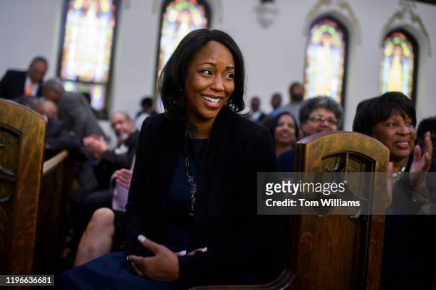 Maya Rockeymoore Cummings, Democratic candidate for Marylands 7th Congressional District, attends service at the Zion Baptist Church in Baltimore,...