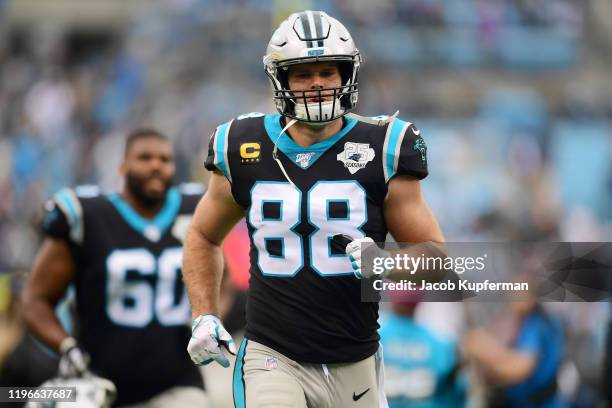 Greg Olsen of the Carolina Panthers before their game against the New Orleans Saints at Bank of America Stadium on December 29, 2019 in Charlotte,...