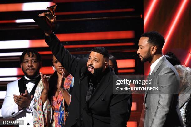 Dj Khaled alongside John Legend accept the award for Best Rap/Sung Performance during the 62nd Annual Grammy Awards on January 26 in Los Angeles.