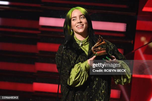 Singer-songwriter Billie Eilish accepts the award for best Best New Artist during the 62nd Annual Grammy Awards on January 26 in Los Angeles.