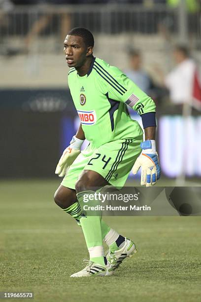 Goalkeeper Thome Holder of the Philadelphia Union in action during a game against Everton FC at PPL Park on July 20, 2011 in Chester, Pennsylvania....