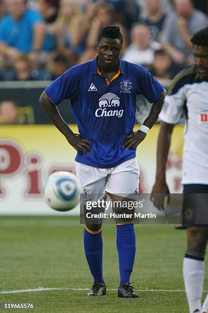 Forward Magaye Geuye of Everton FC controls the ball during a game against the Philadelphia Union at PPL Park on July 20, 2011 in Chester,...