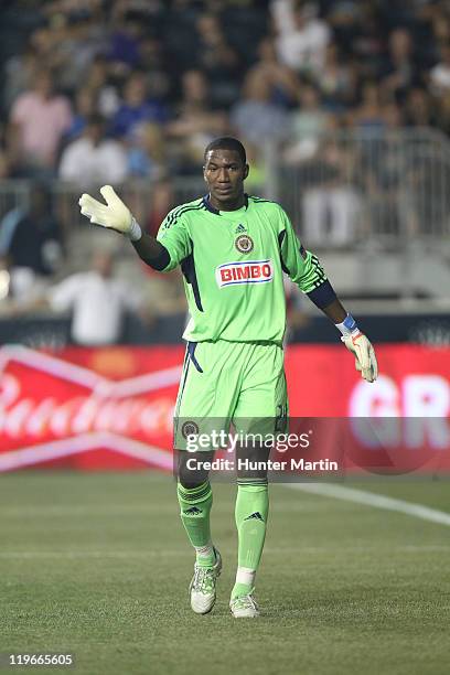 Goalkeeper Thome Holder of the Philadelphia Union in action during a game against Everton FC at PPL Park on July 20, 2011 in Chester, Pennsylvania....