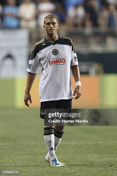 Defender Ryan Richter of the Philadelphia Union in action during a game against Everton FC at PPL Park on July 20, 2011 in Chester, Pennsylvania. The...