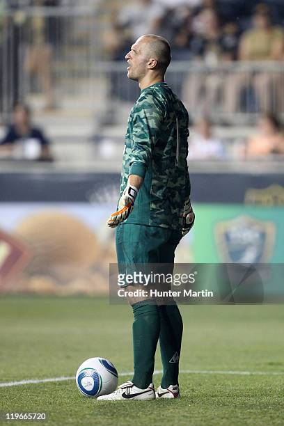 Goalkeeper Jan Mucha of Everton FC in action during a game against the Philadelphia Union at PPL Park on July 20, 2011 in Chester, Pennsylvania. The...