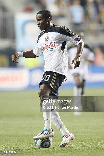 Forward Danny Mwanga of the Philadelphia Union in action during a game against Everton FC at PPL Park on July 20, 2011 in Chester, Pennsylvania. The...