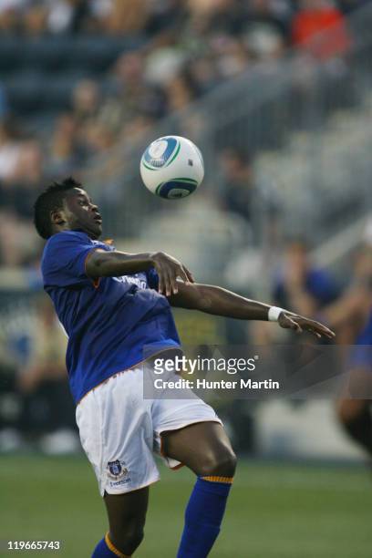 Forward Magaye Geuye of Everton FC controls the ball during a game against the Philadelphia Union at PPL Park on July 20, 2011 in Chester,...