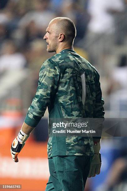 Goalkeeper Jan Mucha of the Philadelphia Union in action during a game against Everton FC at PPL Park on July 20, 2011 in Chester, Pennsylvania. The...