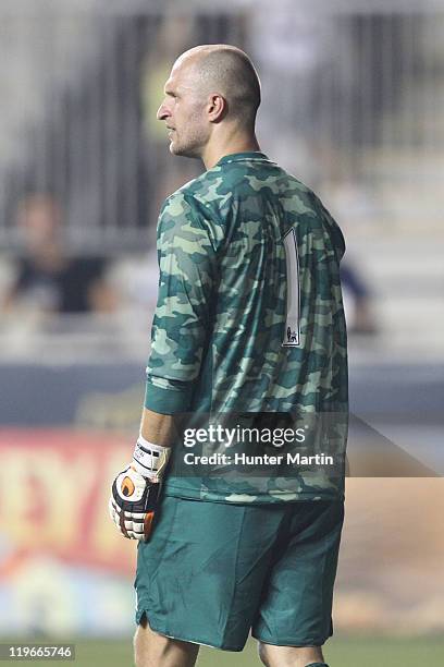 Goalkeeper Jan Mucha of Everton FC in action during a game against the Philadelphia Union at PPL Park on July 20, 2011 in Chester, Pennsylvania. The...