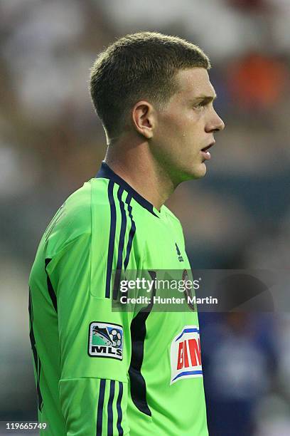 Goalkeeper Zac MacMath of the Philadelphia Union in action during a game against Everton FC at PPL Park on July 20, 2011 in Chester, Pennsylvania....