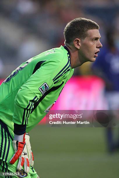 Goalkeeper Zac MacMath of the Philadelphia Union in action during a game against Everton FC at PPL Park on July 20, 2011 in Chester, Pennsylvania....