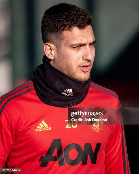 Diogo Dalot of Manchester United in action during a first team training session at Aon Training Complex on December 30, 2019 in Manchester, England.