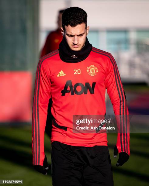 Diogo Dalot of Manchester United in action during a first team training session at Aon Training Complex on December 30, 2019 in Manchester, England.