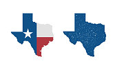 Texas flag map icon and Texas map with vintage stamp effect isolated on white background. Print for T-shirt, typography. Vector template