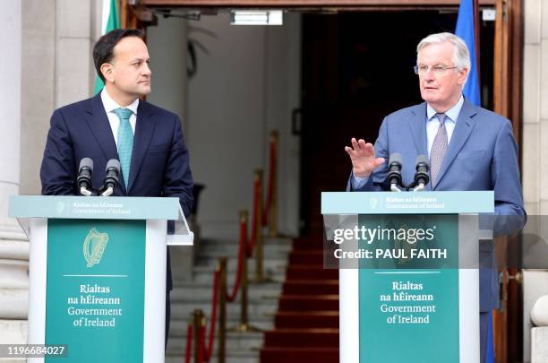 Ireland's Prime Minister Leo Varadkar and the EU's chief Brexit negotiator Michel Barnier, attend a joint press conference following their meeing at...