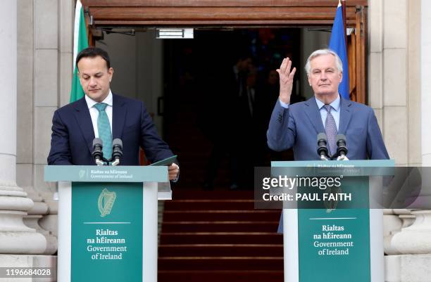 Ireland's Prime Minister Leo Varadkar and the EU's chief Brexit negotiator Michel Barnier, attend a joint press conference following their meeing at...