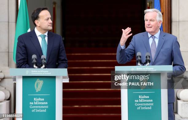 Ireland's Prime Minister Leo Varadkar and the EU's chief Brexit negotiator Michel Barnier, attend a joint press conference following their meeing at...