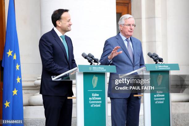 Ireland's Prime Minister Leo Varadkar and the EU's chief Brexit negotiator Michel Barnier, attend a joint press conference following their meeing at...