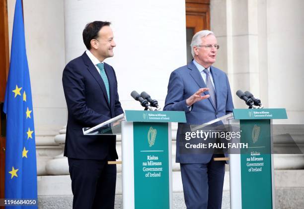 Ireland's Prime Minister Leo Varadkar and the EU's chief Brexit negotiator Michel Barnier, attend a joint press conference following their meeing at...