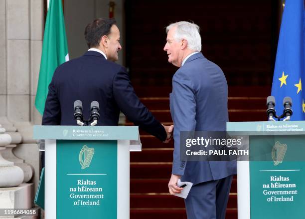 Ireland's Prime Minister Leo Varadkar and the EU's chief Brexit negotiator Michel Barnier, attend a joint press conference following their meeing at...