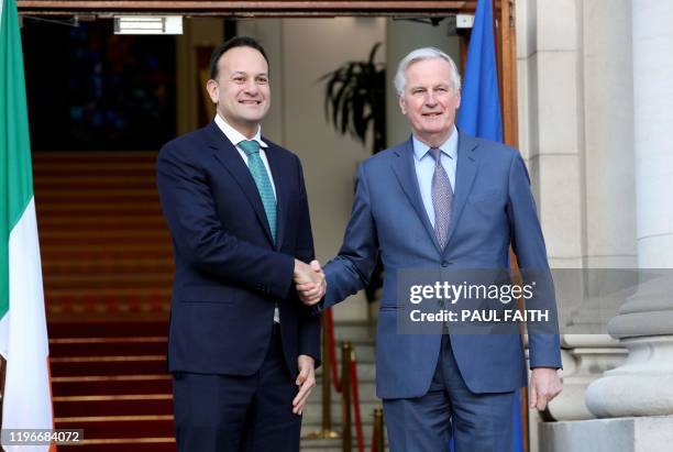 Ireland's Prime Minister Leo Varadkar and the EU's chief Brexit negotiator Michel Barnier, attend a joint press conference following their meeing at...